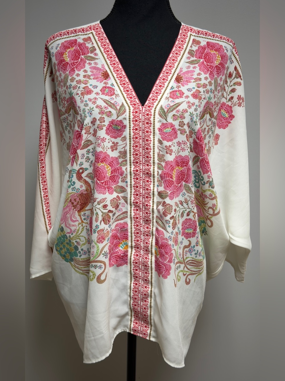 Rose + Olive Bohemian Floral Tunic Blouse L White Pink Peacock Kimono Top
